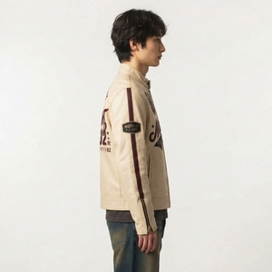 Chaqueta de cuero beige para hombre, estilo motero, con gráfico de carreras Midnight Tokyo, parche bordado, cuello alto, abrigo personalizado, ropa exterior Darkry - Product Image 3