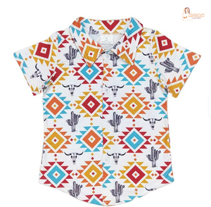 Chemise décontractée à manches courtes pour garçons, imprimé cactus aztèque occidental, col rabattu, motif géométrique, coupe régulière - Product Image 1