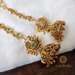 Vintage Peacock Pearl <b>Stud</b> Jumka <b>Earrings</b> with Gold Plated Ear <b>Chain</b> - Product Image 1