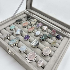 Vente en gros de bagues tendance unisexes plaquées argent 925, bijoux bohèmes, forme ovale, rectangulaire, triangulaire, cristal coloré naturel - Product Image 6
