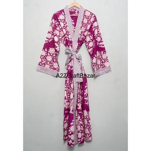 Robe kimono à col en V, 100% coton écologique, lavable, à cordon de serrage, imprimé floral, manches trois-quarts, séchage rapide - Product Image 3