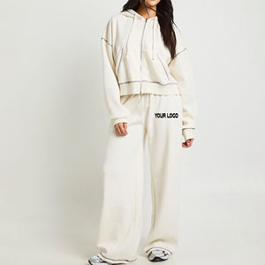 Customized Women's Two Piece Long <b>Knitted</b> <b>Set</b> Hooded Zip-Up Top Wide Leg Pants Solid Color Loose Fit Winter Casual Fleece - Product Image 4