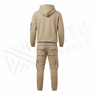 Ensemble de survêtement à capuche pour homme, couleur unie, poches cargo, fermeture à cordon, vêtements décontractés d'automne, manches longues, coupe régulière, 100% coton - Product Image 2