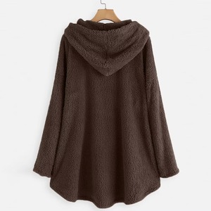 Brown Fleece Hoodie Women Cat Print Fluffy Plush Pullover Button Hooded Sweatshirt Warm Winter Casual Curved Hem Top - Product Image 2