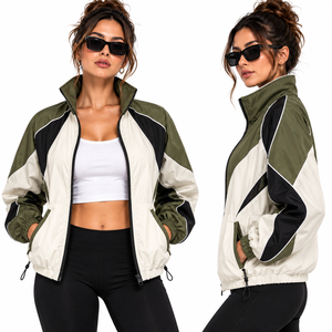 <b>women</b> green hooded windbreaker jacket wholesale retro color block <b>zip</b> up track <b>top</b> lightweight casual running jackets outdoor - Product Image 2