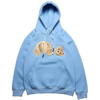 Hoodie Pria Custom Heavyweight Fleece Pullover Biru Langit Bordir Beruang Chenille Oversized Streetwear Katun Sweatshirt