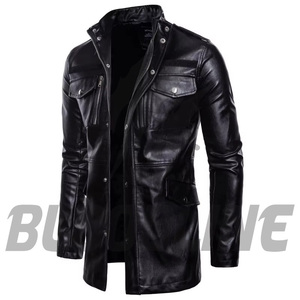 Men's Black PU <b>Leather</b> <b>Jacket</b> Stand Collar Slim Fit Moto Biker Style Zipper Closure <b>Long</b> Length Autumn Wear - Product Image 1