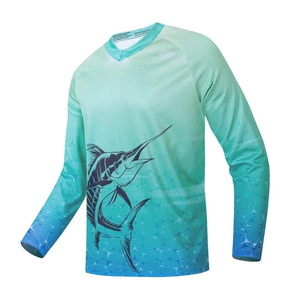 Chemise de pêche à manches longues pour homme de haute qualité, 100% polyester, impression par sublimation, protection anti-UV UPF 50, design Blue Marlin - Product Image 1