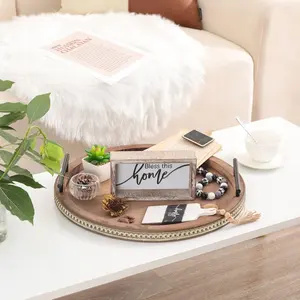 Plateau en bois avec poignées en cuir, plateau ottoman en bois style farmhouse, plateau de présentation en bois de luxe pour salle d'exposition, Safe Zahid Exports - Product Image 4