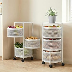 Étagère de rangement ronde en métal à 3 niveaux, organisateur de cuisine mobile avec roulettes pour le stockage des aliments, design minimaliste, blanc - Product Image 1