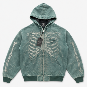 Mens Vintage Washed <b>Skeleton</b> Print Zip Up <b>Hoodie</b> Oversized Streetwear Graphic Hooded Sweatshirt Cotton Fleece Jacket - Product Image 5