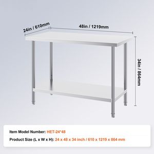 24 X 48 X 34 Inch Heavy Duty <b>Prep</b> <b>Table</b> 800 Lbs Load Capacity 3 Adjustable Height Steel Commercial <b>Kitchen</b> Steel Fabrication - Product Image 5