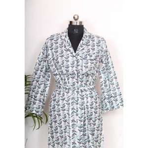 Robe de chambre luxueuse en coton imprimé au bloc, avec ceinture à nouer à la taille, design enveloppant, confortable, pour femme - Product Image 6