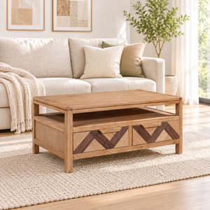 Mesa de centro de madera de diseño geométrico premium de la colección SOHO con tapas de cajones y estantes abiertos para muebles de sala de estar - Product Image 1