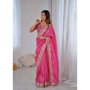 ส่าหรีจีนแบบดั้งเดิมดีไซน์เนอร์พร้อมด้ายปักลายงานแต่งด้วยเลื่อม - Product Image 6