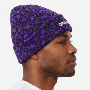 Custom Logo Purple Leopard Print Rib <b>Knit</b> Beanie OEM Purple <b>Animal</b> Print Cuffed <b>Knit</b> Beanie Leopard <b>Pattern</b> Winter <b>Knit</b> Beanie - Product Image 4