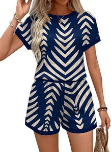 Ensemble 2 pièces pour femmes, short à imprimé géométrique, col rond, manches courtes, coupe ample, tenue d'été décontractée avec poche, longueur au-dessus du genou - Product Image 6