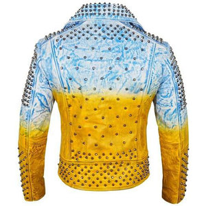 Blue & Gold Studded Leather <b>Jacket</b> <b>Gothic</b> Premium <b>Jacket</b> with Spikes Mens Spiked Rock Punk OEM ODM - Product Image 2