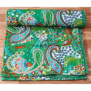 Couette Kantha indienne de luxe, faite à la main, en coton imprimé à la main, motif paisley vert, taille Queen, lavable, réversible, écologique, pour usage domestique - Product Image 5