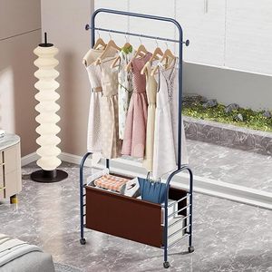 Minimalist Metal Clothing <b>Rack</b> With Wheels And Storage Basket For Wardrobe Use Standing Type Multifunctional Design - Product Image 2
