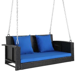 49in Black Rattan <b>Swing</b> Chair with Blue Cushion (without <b>Frame</b>) Elegant Patio Furniture - Product Image 1