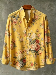 Chemise Homme Tendance en Coton Respirant, Motif Floral Vintage Rose Épanouie Entièrement Imprimé, Col Revers, Manches Longues, Motif Dessiné à la Main Style Urbain - Product Image 6
