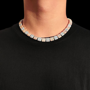 Mens Lab Grown Diamond 925 Silver Baguette Link Chain Two Tone Rose Gold Iced Out Luxury <b>Statement</b> <b>Necklace</b> Fashion Chain - Product Image 1
