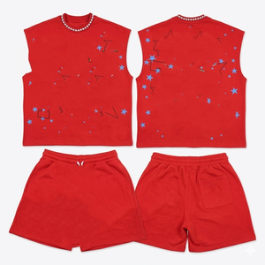 Ensemble court sans manches en coton premium, tissu éponge français, imprimé graphique vert, impression en relief, broderie, logo personnalisé, sans manches - Product Image 2