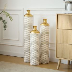 Juego de Jarrones de Metal Blanco de Estilo Moderno, Decoración de Piso Grande Esmaltada con Forma de Gota, Juego de 3 Piezas, Decoración del Hogar Elegante - Product Image 1