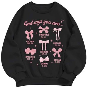 Sudadera negra estampada para mujer con lazos rosas y versículos bíblicos, cuello redondo, manga larga, ropa informal de otoño - Product Image 1