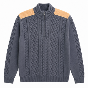 <b>Men</b>’s Heritage Cable Knit <b>Turtleneck</b> Zip Sweater with Faux Suede Shoulder Panels Winter Pullover | OEM ODM Manufacturer - Product Image 3