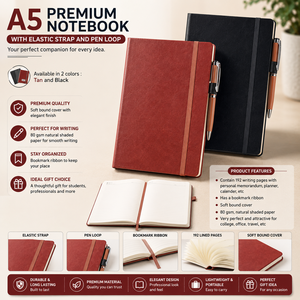 Premium A5 Sewing Bound Planner <b>Notebook</b> PU Leather Cover Elastic Strap Pen Loop Bookmark Ribbon <b>Lined</b> Pages for Office School - Product Image 2