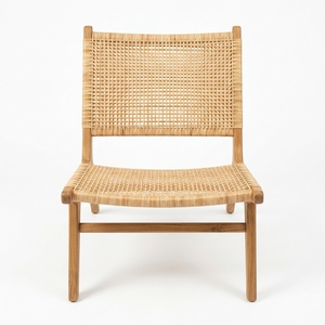 New Modern Minimalist Teak Wood Lounge Chair Natural Rattan Woven Armless Accent Chair Lazy Chair Patio Living Room Furniture - Product Image 1