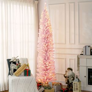 Albero di Natale Artificiale Sottile Pre-Illuminato da 2,4 m con Rami Realistici e Luci LED Rosa per Decorazioni Natalizie - Product Image 2
