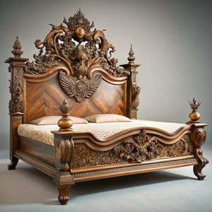 Premium Royal <b>Antique</b> Wedding <b>Bed</b> with Intricate Hand-Carved Solid Wood <b>Frame</b> for Luxurious Bedrooms - Product Image 1