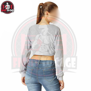 Haut court gris à manches longues pour femme, style automne, avec détail épaules croisées en dentelle, tricoté, coupe ajustée, col rond, pull court - Product Image 2