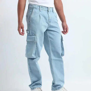 Men's <b>Light</b> Blue Cargo Jeans Mid Waist Loose Fit Cotton Denim Casual Summer Wear - Product Image 3