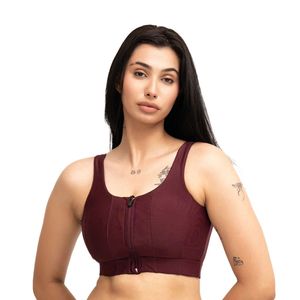 เสื้อชั้นในกีฬาผู้หญิง สีพื้น แบบ Racerback คอกว้าง รองรับทรงได้ดี ระบายอากาศได้ดี เหมาะสำหรับโยคะและออกกำลังกาย ไร้ตะเข็บ ซิปด้านหน้า - Product Image 1