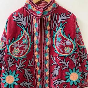 Handmade Embroidered Red <b>Velvet</b> Suzani Bomber <b>Jacket</b> Fish Leather Floral Outerwear <b>for</b> Festivals - Product Image 1