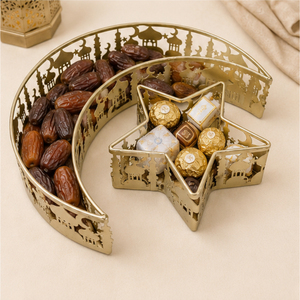 <b>Gold</b> Metal Ramadan <b>Serving</b> <b>Tray</b> Set Moon and Star Shaped Hollow Out Iron Food Platter Islamic Eid Mubarak Table Decoration Party - Product Image 2