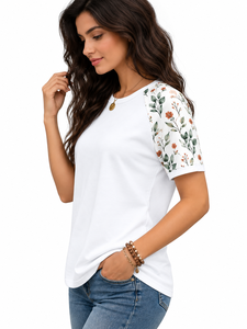Camiseta de Manga Corta para Mujer, Cuello Redondo, Diseño Floral Blanco, Dobladillo Curvo - Product Image 3