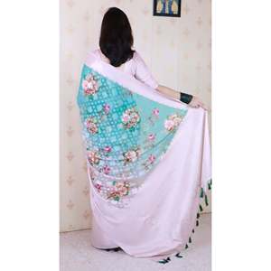 Sari en Georgette Imprimé Floral Bleu Ciel Elite Weaves, Robe de Soirée Douce Tissée Zari 450g - Product Image 5
