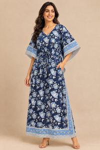 Robe Kaftan Fleurie Bleu Marine pour Femme, Col en V, Style Bohème, Longue, pour Plage et Vacances, Coupe Ample, 100% Coton Respirant, Vêtements en Gros - Product Image 3