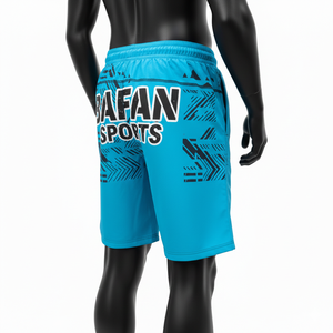 กางเกงว่ายน้ำโพลีเอสเตอร์คุณภาพสูง 140 GSM แห้งเร็ว สีเทอร์ควอยซ์ แต่งแถบข้างสีดำ พร้อมโลโก้แบบรีดร้อน สำหรับใส่ชายหาด ผู้ชาย - Product Image 2