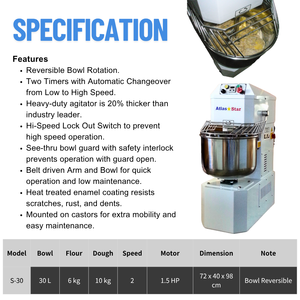 Amasadora Espiral Eléctrica Atlas Star, Máquina Comercial para Hacer Pan de Panadería, Capacidad para 6 kg de Harina, Tazón de 30 L, Bajo Nivel de Ruido, Nueva, Taiwán - Product Image 2
