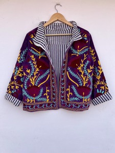 Manteau en velours brodé de fleurs bohèmes, grande taille, vêtements décontractés pour femmes, col rond, manches longues, vêtements d'hiver, doublure en coton - Product Image 5