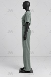 Conjunto de 2 Piezas para Mujer, Color Verde Claro Sólido, Top Corto de Punto de Manga Corta, Pantalones Anchos de Cintura Alta, Cintura Elástica Informal, Invierno - Product Image 5