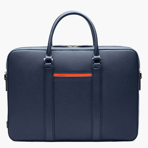 Housse pour ordinateur portable en cuir bleu marine avec poignée à rayures orange, pour le transport, usage professionnel et bureautique, design protecteur - Product Image 1