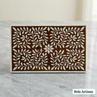 Boîte à bijoux rectangulaire en bois sculpté à la main avec incrustation d'os, motif feuilles de vigne, Bela Artisan, organisateur de rangement pour salon M 1.5