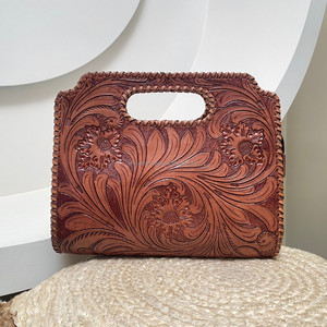 2025 Western Women <b>Genuine</b> Leather Designer Handbag Purse Top Handle Satchel Hand Tooled Floral Carving Stylish Bag Gift for Her - Product Image 4